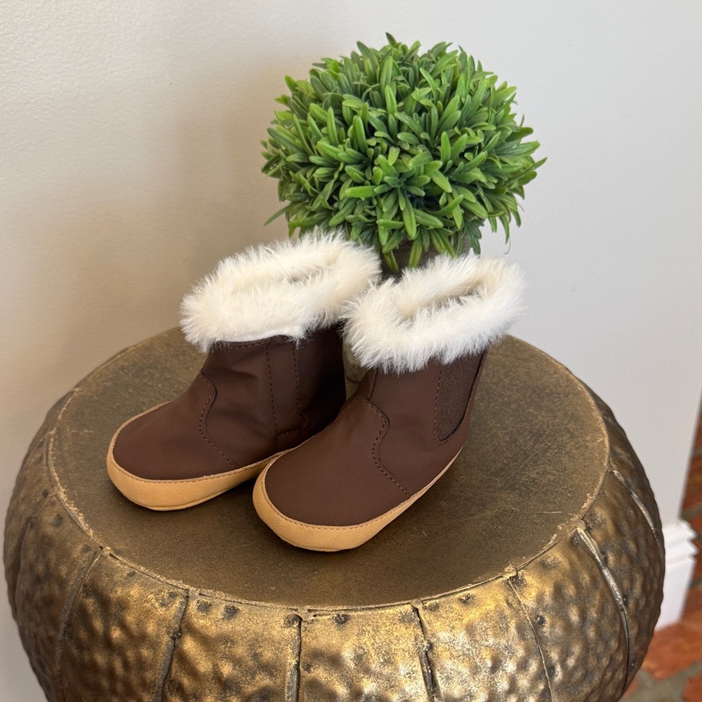 Brown Baby Walker Shoes with Faux Fur Trim